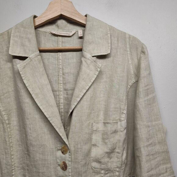 Soft Surroundings Blazer Jacket Women Size L Tan 100% Linen 3/4 Sleeve Casual - Picture 2 of 7